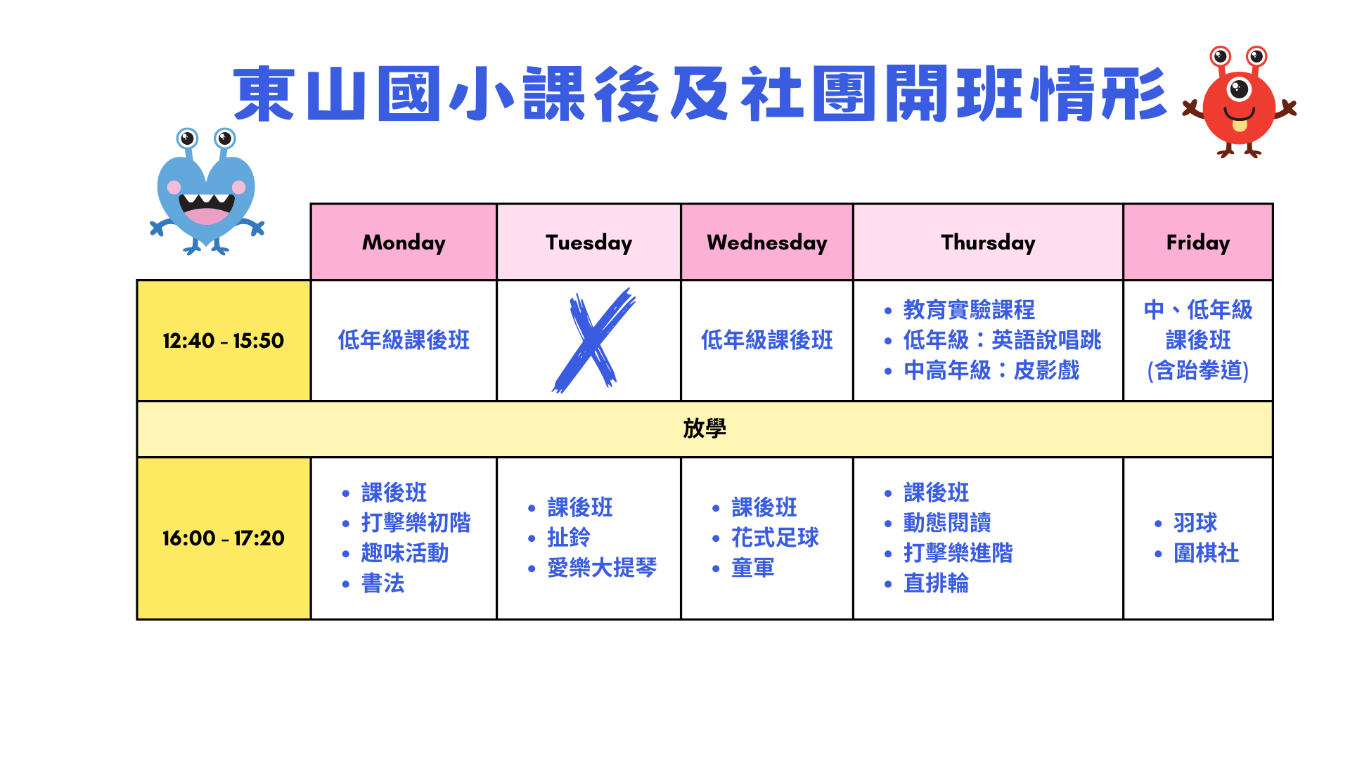 東山國小課後社團開班情形表
